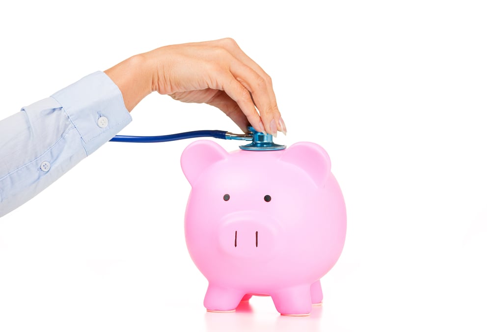 Woman hand stethoscope pink piggy bank Isolated on white background. Health care cost. Financial state condition self assessment concept. Financial system checkup, savings for medical insurance costs-1